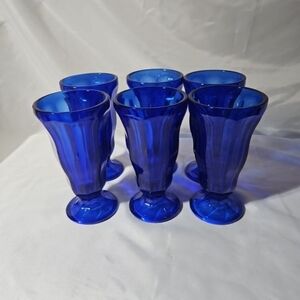 Set Of 6 Vintage Anchor Hocking Cobalt Blue Ice Cream Sundae Shake Glasses